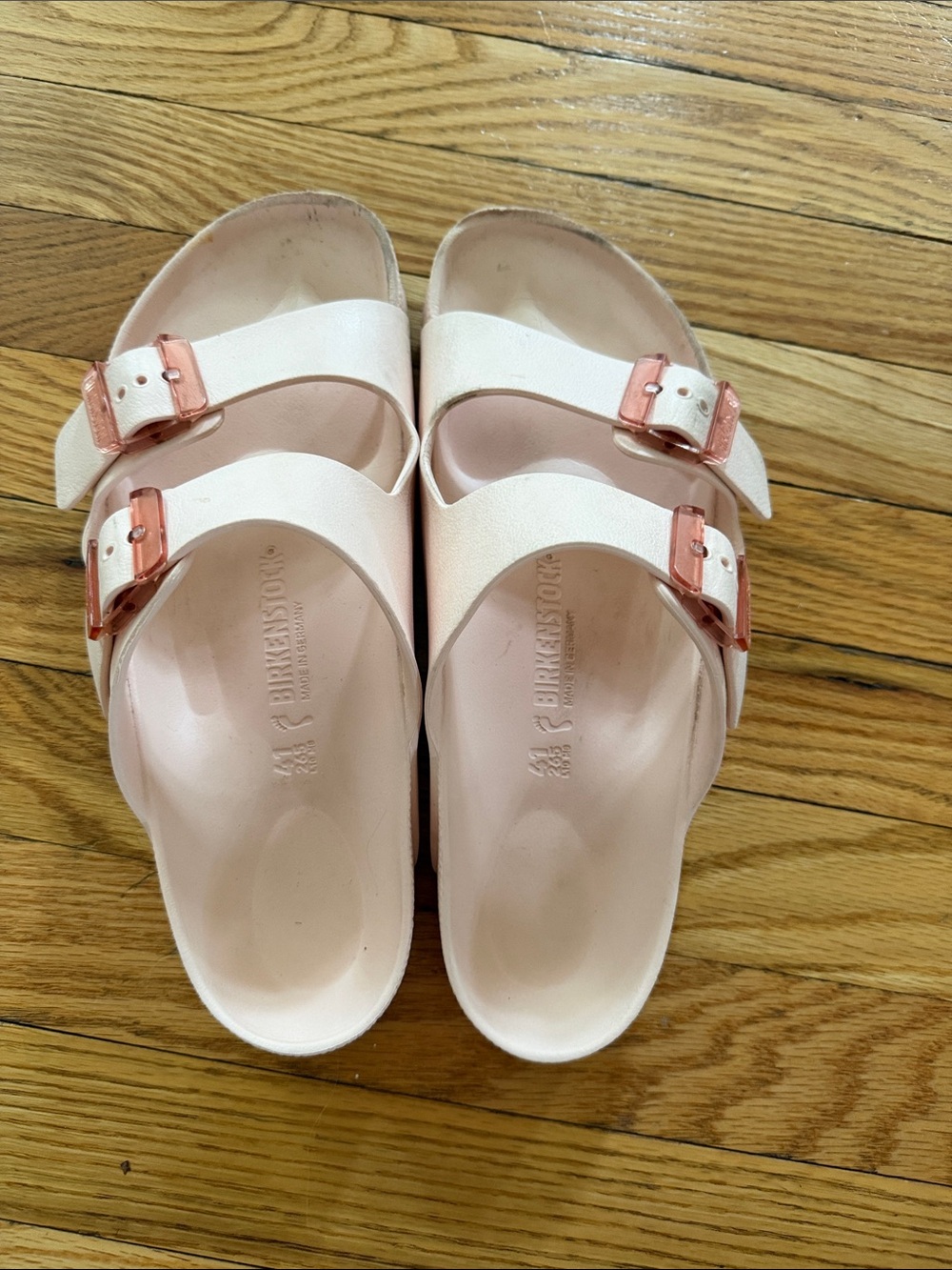 Birkenstock Pink EVA Arizona Slides with Rose Gold Buckles - Picture 2 of 5